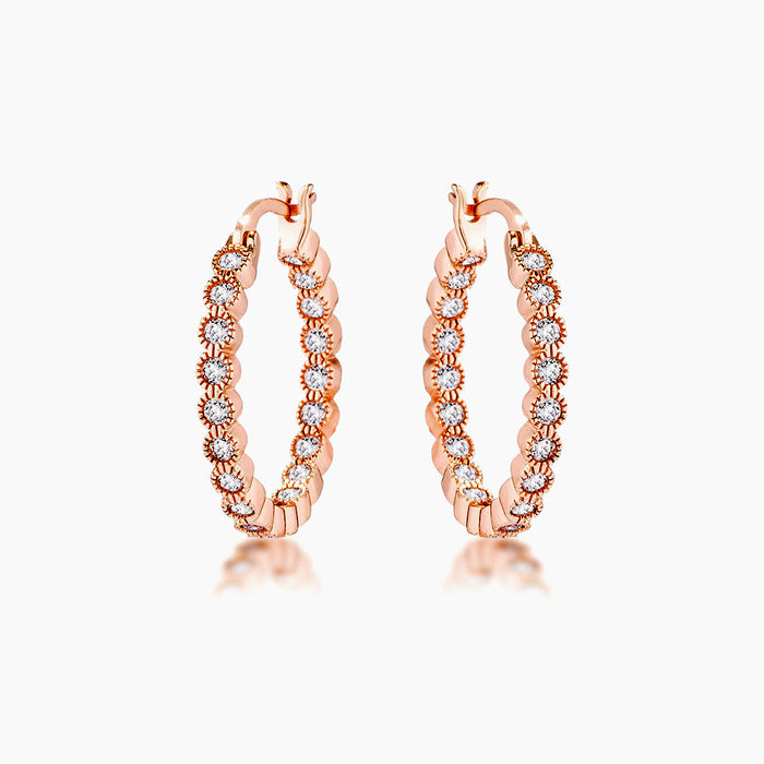 Rose Gold Plated Dotted Clear CZ Round Bezel Hoop Earrings