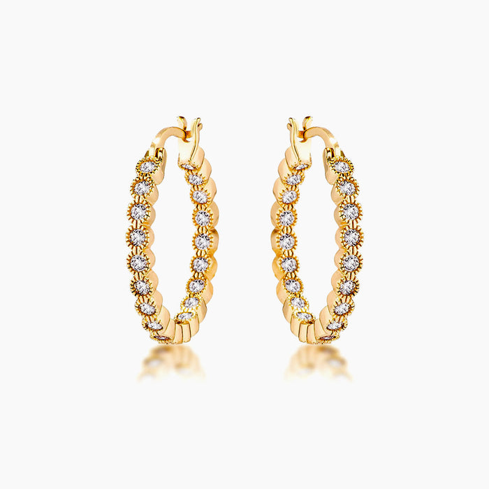 Dotted Clear CZ Round Bezel Hoop Earrings