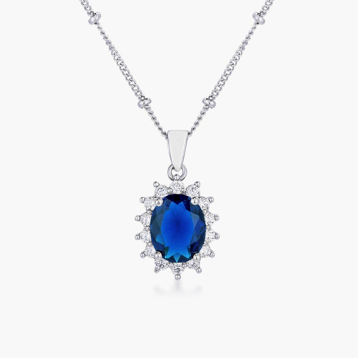 Rhodium Plated Sapphire Blue Petite Royal Oval Pendant